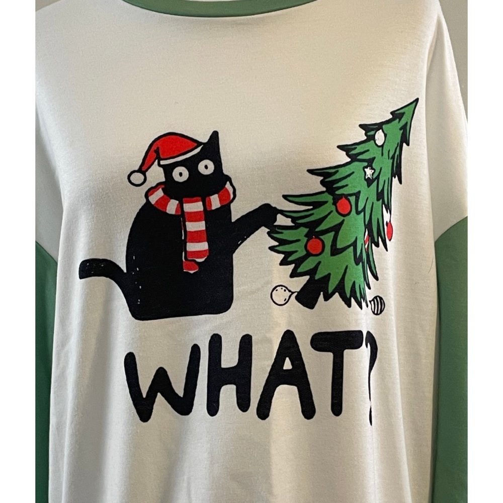 Black Cat "What?!" Christmas Tree Long Sleeve Holiday Sweatshirt Size Medium - Picture 3 of 6